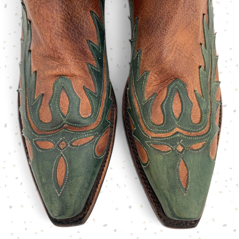 Vintage Lucchese Classics Western Boot Cowboy Green Overlay Brown Leather Size 6 - Picture 8 of 15